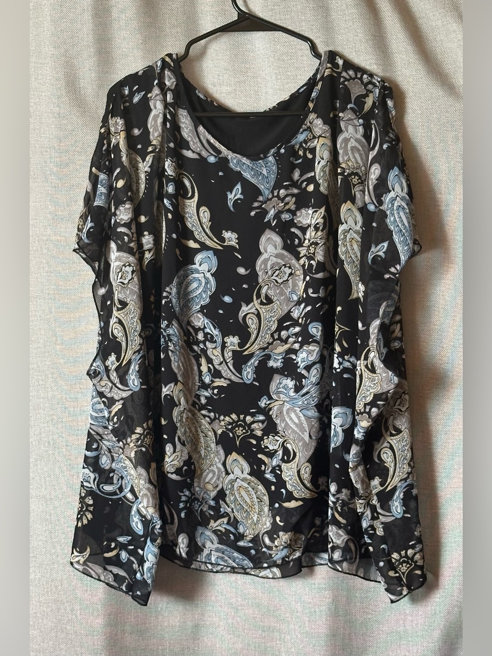 Paisley chiffon/sheer blouse•XXL•polyester/spandex•black/gray/blue/cream•lined